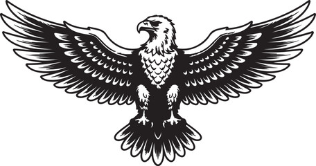 Obraz premium Black and white graphic illustration shows a powerful bald eagle with its wings majestically spread wide