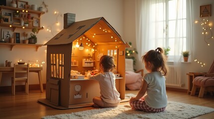 Two children playing near a cardboard house in a warm, cozy room with fairy lights, wooden furniture, and natural light. Concept of creativity. Concept of playhouse in cheerful kid's space