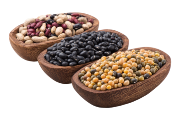 Bowls of assorted dried beans and lentils isolated on transparent background. Three rustic bowls filled with assorted dried beans legumes grains and nuts isolated on white background.