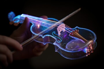futuristic handheld device projecting holographic musical instruments