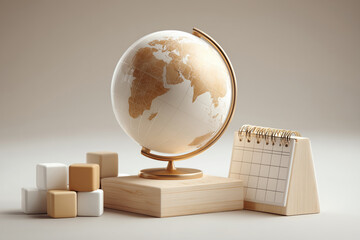 Exploring the world with a globe and calendar on a minimalist travel theme