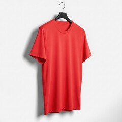 Red t-shirt on a clear hanger, isolated on a clean, bright white background for design purposes
