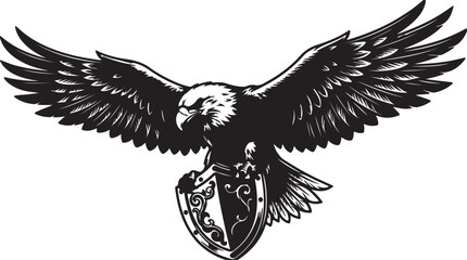 Fototapeta premium Powerful black and white graphic showing a majestic eagle proudly clutching an ornate heraldic shield