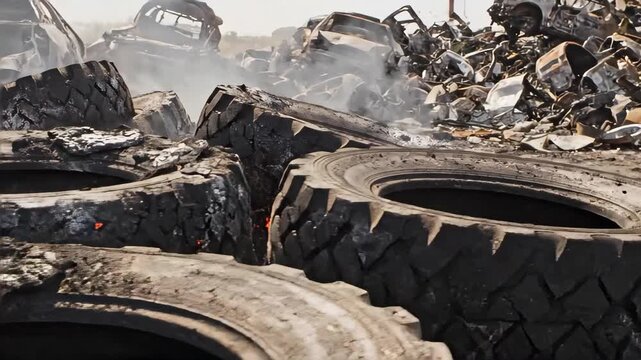 Smoldering burnt tires in a junkyard with rising smoke. Aftermath of a fire with wrecked cars and scrap metal. Environmental pollution and disaster scene