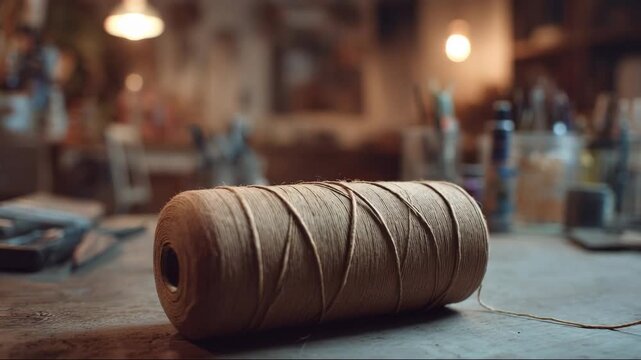 Brown spool of thread on wooden table in artist's workspace  