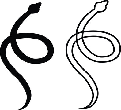 Black snake icon set in flat and line style, serpent silhouette and outline collection featuring coiled, crawling and abstract snake shapes, minimal monochrome vector graphic group