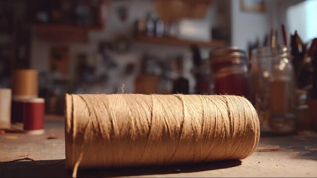 Natural twine spool on workbench in rustic craft studio  