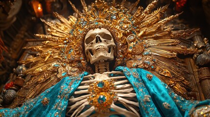 Regal Skeleton Adorned in Gold and Turquoise, Divine Aura.