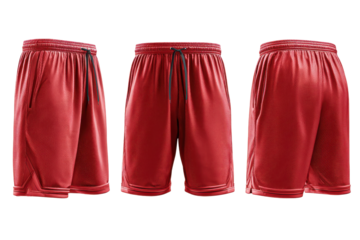 Angles of red basketball shorts isolated on transparent background. Three red basketball shorts displayed from different angles isolated on white background.