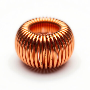 Close up view of a copper toroidal inductor coil on a white background for electronics