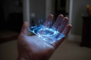 handheld gadget projecting 3D holograms above palm