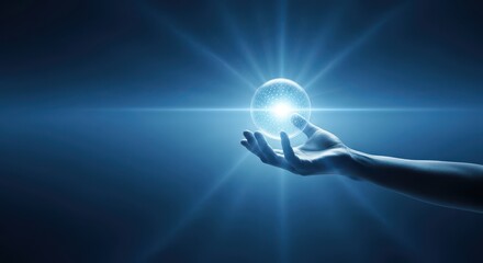 A hand gently holds a glowing orb of light radiating energy and futuristic technology