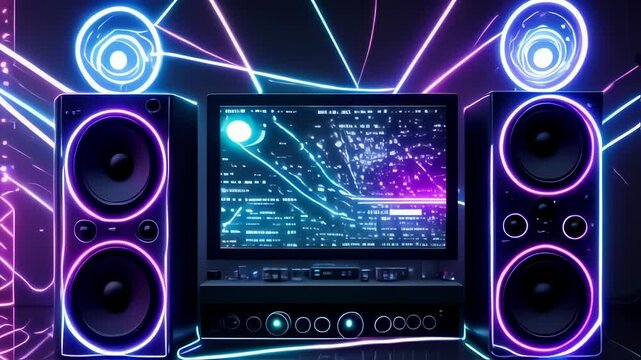 Neon-lit stereo speakers with a computer monitor displaying data streams in a dark room, illuminated by vibrant purple and blue light