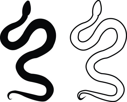 Black snake icon set in flat and line style, serpent silhouette and outline collection featuring coiled, crawling and abstract snake shapes, minimal monochrome vector graphic group