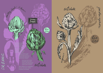 Hand drawn ink artichoke vegetable sketches set. Food drawings for labels and packaging.