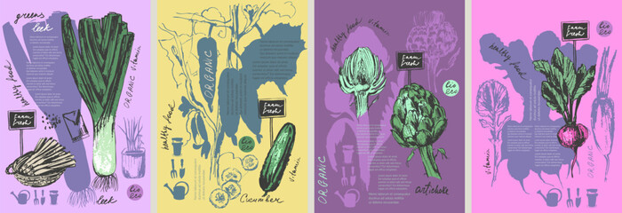 Hand drawn ink leek, cucumber, artichoke, radish vegetable background set. Food drawings for labels and packaging. Vegetarian menu. Healthy diet.