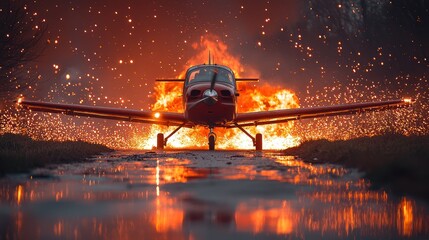 Fiery Airplane: Dramatic Scene of Burning Aircraft on Wet Runway, Sparks.