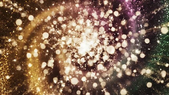 Abstract Sparkle Explosion - A dynamic abstract video features a bright central explosion of light, surrounded by colorful bursts and radiating particles. The video has a festive and energetic feel.