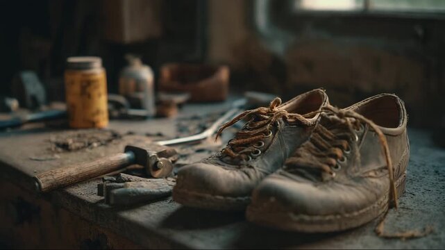 Worn shoes resting on a dusty workbench in a rustic workshop  