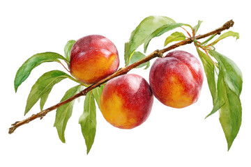 Obraz premium Ripe nectarines on a branch with leaves isolated on transparent background. Ripe nectarines hanging from a branch with green leaves isolated on white background.