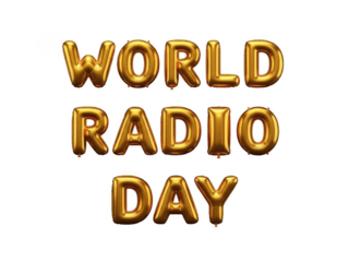 Gold balloon letters spelling world radio day on isolated transparent background