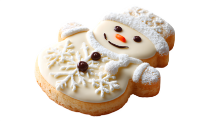 A cute festive snowman toy with a red hat and scarf is isolated on a white background for a happy winter holiday Christmas celebration