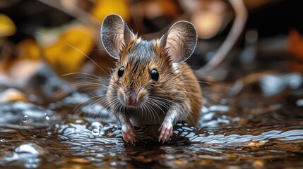 Adorable Mouse in Water: Close-Up Portrait, Wet Fur, Nature Photography.