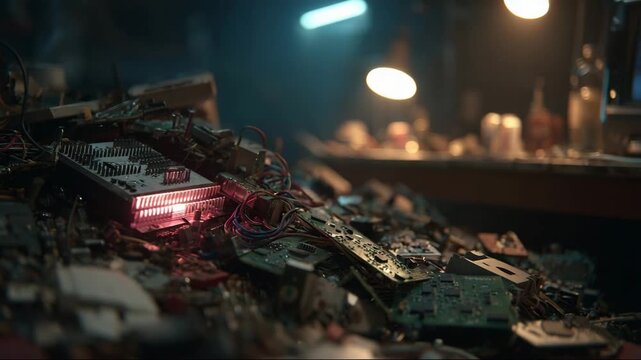 Disorganized electronic waste with circuit boards and glowing lights  