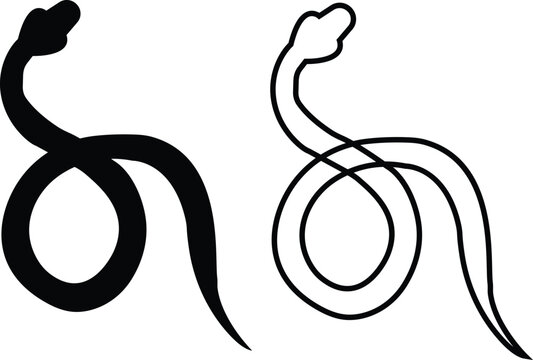 Black snake icon set in flat and line style, serpent silhouette and outline collection featuring coiled, crawling and abstract snake shapes, minimal monochrome vector graphic group