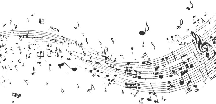 Black musical notes and staves scattered across a white background with a wavy pattern sheet