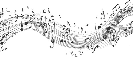 Black and white musical notes and staves flowing in a wavy pattern sheet score