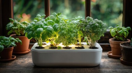 Home hydroponic system growing leafy greens indoors, soil-less gardening technology supporting sustainable urban food production year-round