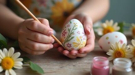 Hands painting floral designs on an Easter egg with a brush, surrounded by daisies and paint jars on a wooden table, concept of creativity. Sustainable, zero waste Easter decor. DIY gifts for Easter