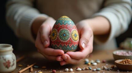 Hands cradling a colorful, intricately decorated Easter egg with a folk design, placed on a rustic tabletop surrounded by grains and seeds. Sustainable, zero waste Easter decor. DIY gifts for Easter