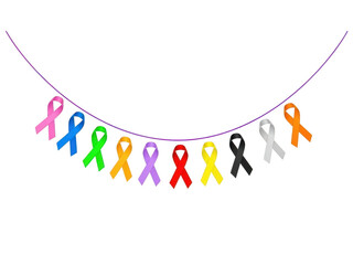 Colorful awareness ribbon banner hanging on purple string isolated on transparent background