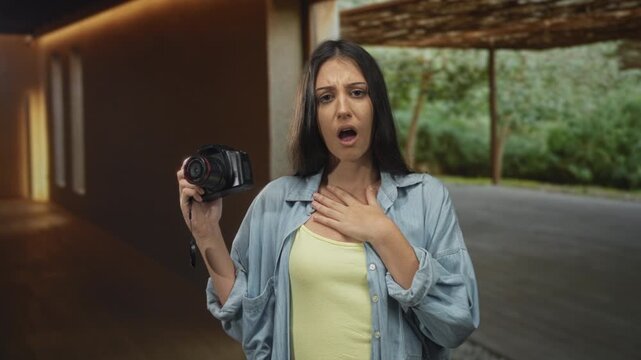 Young hispanic woman holding camera with hand on chest and mouth open in empty studio room; surprise.