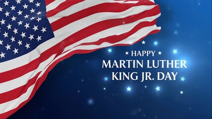 A vibrant, patriotic digital illustration celebrating martin luther king jr. day, featuring the commemorative text and a waving american flag against a deep blue, glowing background - Powered by Adobe