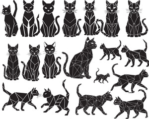 Geometric Polygon Black Cat Silhouette Vector Icon &ndash; Sharp Angles, Modern Tech Style, Symmetrical Flat Solid Black Digital Marketing Design (Scalable, Print-Safe, Isolated on White)