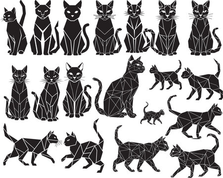 Geometric Polygon Black Cat Silhouette Vector Icon &ndash; Sharp Angles, Modern Tech Style, Symmetrical Flat Solid Black Digital Marketing Design (Scalable, Print-Safe, Isolated on White)