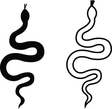 Black snake icon set in flat and line style, serpent silhouette and outline collection featuring coiled, crawling and abstract snake shapes, minimal monochrome vector graphic group