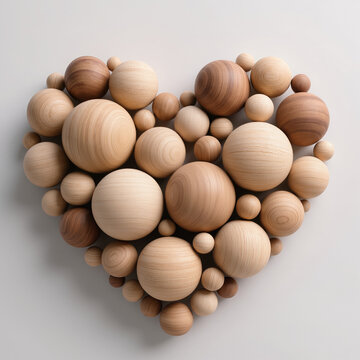 Valentine-inspired abstract heart made of smooth wooden spheres in light oak, ash, and pale walnut. Natural grain, warm tones, and soft studio light create a premium eco design.