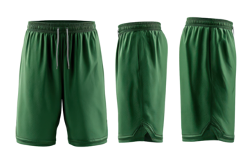 Green wide leg pants isolated on transparent background. Three pairs of green athletic shorts displayed for fashion and sports apparel isolated on white background.
