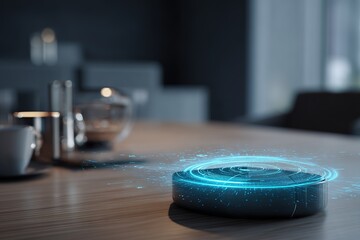sleek gadget with holographic interface controlling smart home devices