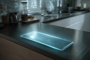 sleek gadget with holographic interface controlling smart home devices
