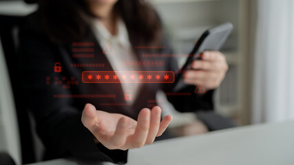 Password security breach warning with red asterisk box, cybersecurity alert, lock icons, and critical vulnerability signals in digital system access Latch