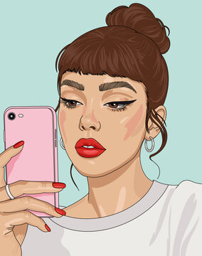 Close Up Porttrait Vector Illustration of a Young Woman Using a Pink Smart Phone Isolated on Light Blue Background. Social Media, Influence Marketing and Communication Technology Trends Concept