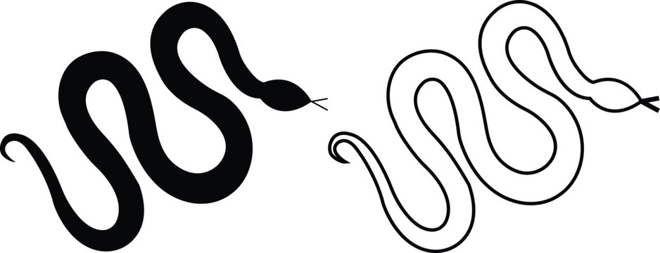 Black snake icon set in flat and line style, serpent silhouette and outline collection featuring coiled, crawling and abstract snake shapes, minimal monochrome vector graphic group