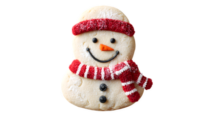 Cute Christmas snowman toy wearing a red hat and scarf isolated on white background for a happy winter holiday celebration in December
