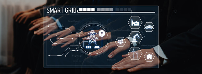 Business professionals collaborate on smart grid technology, analyzing power distribution and energy solutions through advanced digital interfaces in a modern office setting. Trope
