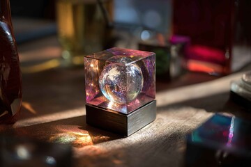 small cube gadget emitting a rotating holographic globe